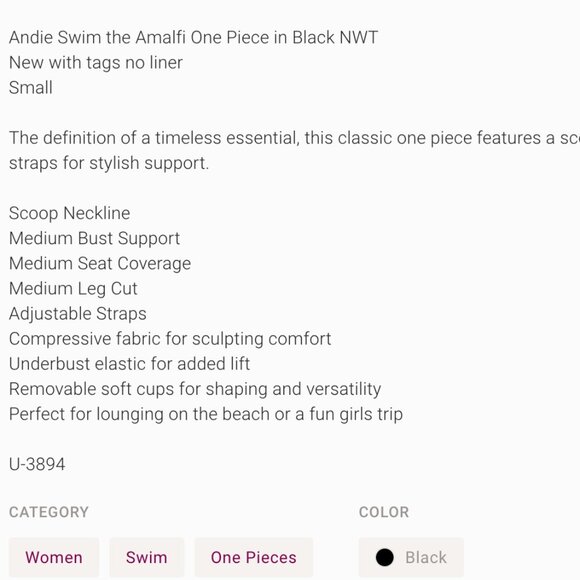 Andie Swim the Amalfi Eco Nylon One Piece in Black S NWT - Picture 6 of 6